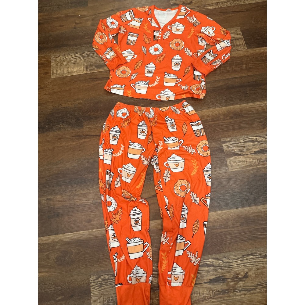 Shirley & Stone Womens 2XL Orange Fall Coffee Donut Pajama Set 2pc Loungewear